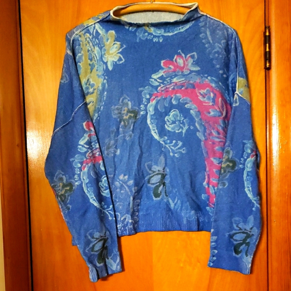 100% Cashmere Paisley Blue Sweater by Pilcro